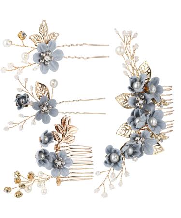 NUOBESTY 4pcs Wedding Handmade Hair Comb Set Fashion Floral Bridal Headpiece Hair Accessories Bridal Hair Pin Bride Wedding Hair Clip Rhinestone Bridal Hair Comb Wedding Dress Accessories (Blue)