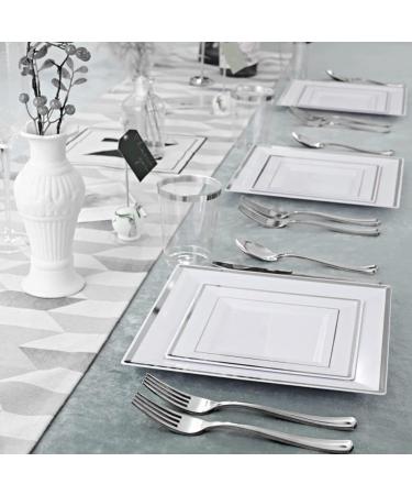 125 Pieces Silver Square Plastic Plates with Silver Rim & Disposable Silverware - include 25 pcs 9.5inch Dinner Plates 25 pcs 6.6inch Dessert Plates 25 Forks 25 Knives 25 Spoons for weddings and parties - Buy Online on GoSupps.com