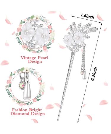 Rhinestone Pearl Flower Hair Stick Set - Vintage Chinese Hair Chopsticks with Tassel - Hair Styling Accessories for Women (Silver) - Buy Online on GoSupps.com