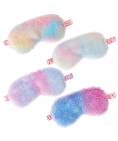 4 Pieces Plush Eye Mask Sleeping Eye Cover Soft Eye Mask Rainbow Color Eye Mask Kids Sleep Mask Nap Eye Mask Night Sleeping Eye Mask Supply Girls Women with Elastic Strap and Silky Back