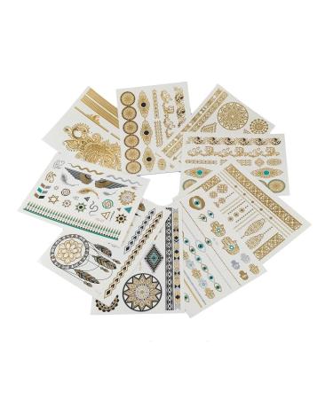 yueton 9 Sheets of Metallic Gold  Silver and Multi-color Temporary Flashing Tattoos - Disposable Removable Waterproof Temporary Wearing Tattoos Sticker for Body Art for Teens Men Women Adult Girls