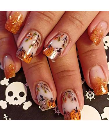 Fall Press on Nails Short Square Fake Nails Gold Glitter French Tip Full Cover Artificial Thanksgiving Nails Pumpkin Maple Leaf False Nails Autumn Design Glue on Nails for Acrylic Manicure Decorations Fall Fake Nails-2