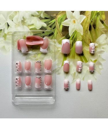 24 Pcs Gradient Pink French Tip Press on Nails with Rhinestones & Flowers - Medium Square False Nails for Women - Buy Online on GoSupps.com