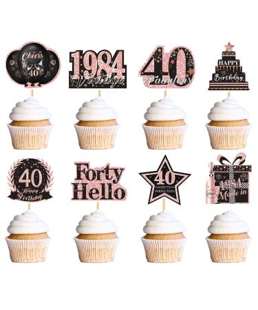Rngmsi 40th Birthday Cupcake Topper - 40PCS 40th Birthday Decorations Women Rose Gold Cupcake Topper for 1984 40th Birthday Party Decorations Glitter 40th Birthday Party Cupcake Toppers Decor Supplies Rose Gold 40th