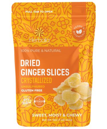 Dried Crystallized Ginger Chunks, 16 oz. Unsulphured Dried Ginger Candy, Candied Ginger Chunks, Caramelized Ginger Chews Candy, Unsulphured Crystalized Ginger Pieces. All Natural, Non-GMO, 1 Pound.
