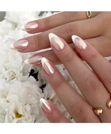 24 pieces of artificial nails short almond false nails French white shiny artificial nails press on nails acrylic full cover fingernails nails to stick on for women and girls