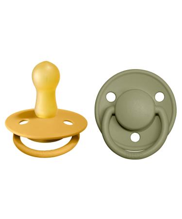BIBS De Lux Baby Pacifier 2-Pack | Made in Denmark | BPA Free Dummy Soother Round Nipple. Natural Rubber Latex Size 2 (6-18 Months) Honey Bee/Olive