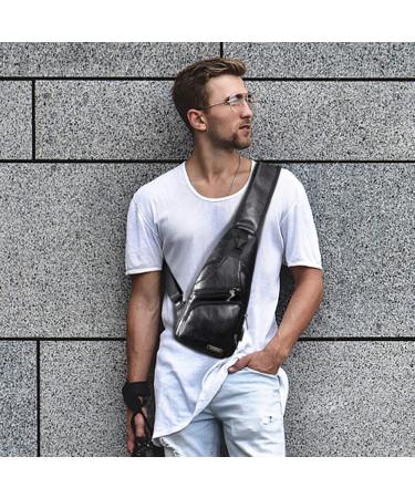 Men's Waterproof Leather Sling Bag with USB - Black | Chest Shoulder Daypack - Buy Online on GoSupps.com