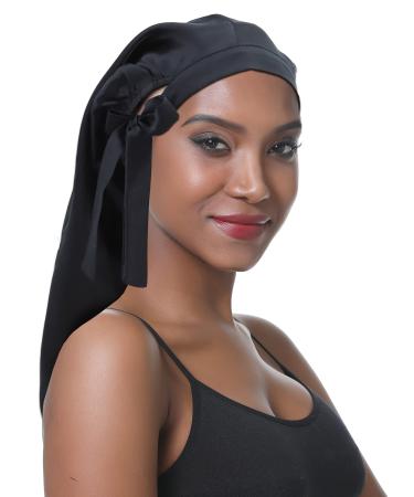 SAYMRE Long Silk Bonnet-100% Mulberry Silk Sleep Cap Elastic Band Adjustable Silk Satin Wrap for Women Curly Hair Dreadlocks Black