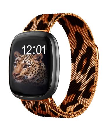 Youther Stainless band Compatible with Fitbit Versa 3/Fitbit Sense Women Men, Stainless Steel Mesh Loop Replacement Bracelet Magnet Wristband Strap for Fitbit Versa 3/Sense Smartwatch Leopard grain-1