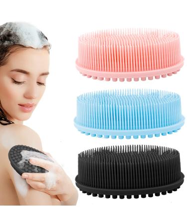 3 Pack Silicone Body Scrubber Soft Silicone Loofah Exfoliating Body Scrubber Silicone Body Brush Bath Shower Scrubber for Body 2 in 1 Bath and Shampoo Wash Brush for Skin Exfoliation Men Women Kid Pink+Blue+Black