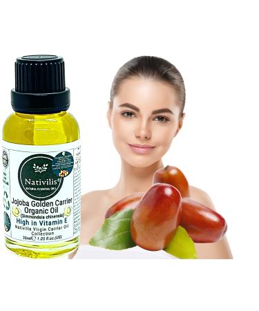 Nativilis Organic Jojoba Golden Carrier Oil (Simmondsia chinensis) Hair Face & Skin Natural Cold Pressed - Humectant Ingredient - Non-comedogenic Acne-Prone Cleanser Moisturizer Antioxidant Copaiba