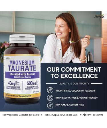 Herba Magnesium Taurate Supplement 500mg 180 Vegetable Capsules | Chelated with Taurine for Bioavailability | 40mg of Elemental Magnesium Per Capsules | Made in Canada - Buy Online on GoSupps.com