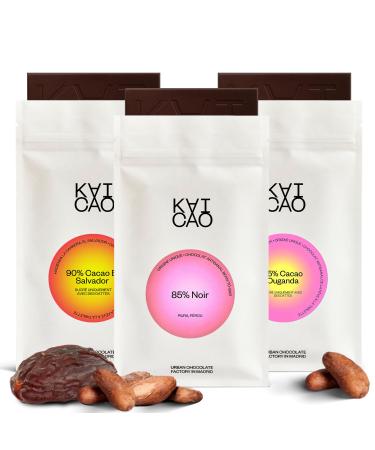 Kaicao Dark Chocolate Selection - Tasting of Three Dark Chocolates to Offer - Sweetened with Dates - 90% Cocoa Origin Salvador, 85% Cocoa Origin Peru and 85% Cocoa Origin Uganda - 3 x 70 g