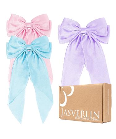 JASVERLIN Baby Color Stain Hair Bow Large Hair Ribbons Clips with Long Tail - French Soft Silky Barrettes Bowknot Metal Hairclips Hair Accessories for Women Girls 3 Pcs (Blue & Pink & Lilac)