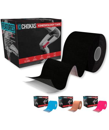 CHOKAS Kinesiology Tape 5m Roll Elastic Therapeutic Sports Tape for Shoulder Ankle Elbow Wrist shin Splints and Knee Support Waterproof Physio Body Tape for Muscle Pain Relief Boob Tape Black