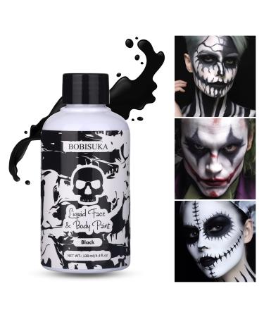 BOBISUKA Black Liquid Face and Body Paint Washable Non Toxic Facepaint Fast Drying Foundation Makeup for Halloween Skeleton Skull Cosplay SFX Costume Party Large Capacity(130ml)
