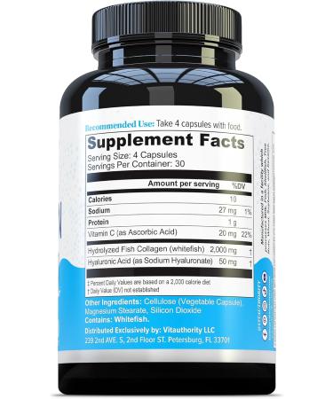 Marine Collagen Capsules Hyaluronic Acid & Vitamin C | 2 000mg Hydrolyzed Fish Collagen Peptides per Serving | Skin Elasticity Hydration Hair Nail & Joint Support | Pescatarian-Friendly 30 Servings - Buy Online on GoSupps.com