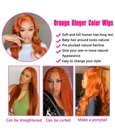 Ginger Orange Body Wave Human Hair Lace Front Wig - 20 Inch 150% Density Pre Plucked with Baby Hair - Colored Glueless Wig for Women - Buy Online on GoSupps.com
