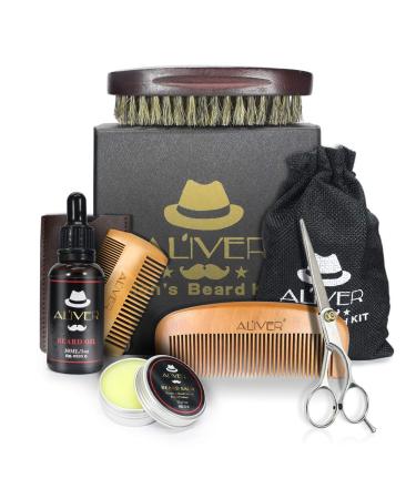 Beard Grooming Kit Beard Growth Trimming Care Set with Beard Oil Beard Balm Wood Beard Comb 100% Boar Beard Brush Double-Sided Comb Scissors Gift Set 6pcs Beard Combo Set 6 Count (Pack of 1)