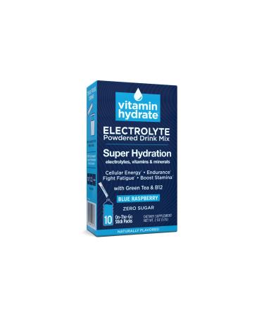 Vitamin Hydrate Electrolyte Powdered Drink Mix Super Hydration Boost Stamina & Fight Fatigue Bursting with Electrolytes Vitamins & Minerals 0 Sugar Blue Raspberry 10 Stick Packs