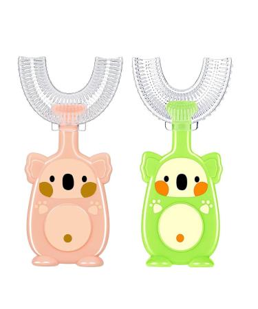 Children U-shaped toothbrush 2 pieces of children's toothbrush and shape 360 degrees toothbrush for the whole mouth silicone children's toothbrush and form 2-4 years (pink + green)