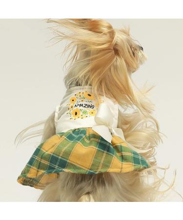 Fitwarm Amazing Floral Dog Dress for Small Dogs - Daisy Sleeveless Puppy Sundress in Green Yellow Plaid - Summer Cat Apparel - 100% Cotton - Buy Online on GoSupps.com
