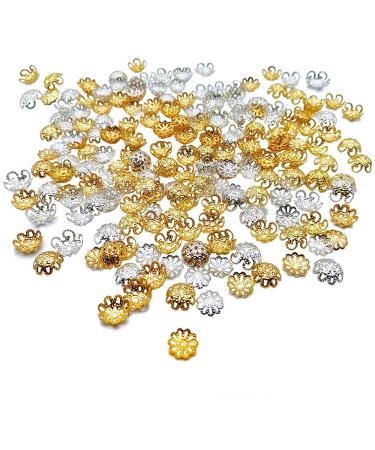 FAZHBARY 720 PCS Bead Caps Filigree Bead Caps Flower Caps for DIY Crafts Supplies  Gold and Silver