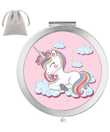 Dynippy Compact Mirror Round Silver Double-Sided with 2 x 1x Magnification Makeup Mirror for Purses and Travel Folding Mini Pocket Mirror Portable Hand for Girls Woman Mother Great Gift - Unicorn Unicorn Pattern