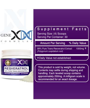 GENEX Trans Resveratrol 1000mg Powder Serving 99% Pure Micronized Pharmaceutical Grade | 30 Servings/30Grams | 1 Gram Per Day 30-Day Supply Made in a GMP & NSF Certified Facility - Buy Online on GoSupps.com