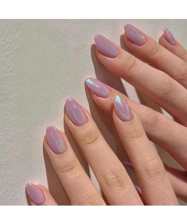 JUSTOTRY 24 Pcs Short False Nails Almond Glitter Pink Press on Nails Pattern Glossy Fake Nails Short with Nail Glue Stiletto Stick on Nails for Women Nails Fake Nail Medium for Nails Art glitter pink1