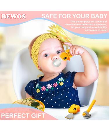 BEWOS Yellow Duck Baby Weaning Set - 4 PCS Baby Cutlery & Feeding Set | Suction Plate, Stainless Steel Fork & Spoon | Ideal Gift for Babies - Buy Online on GoSupps.com