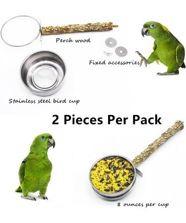 Stainless Steel Bird Feeding Cups - 2 Pack Hanging Parrot Cage Feeder & Water Bowl with Wood Perch - Ideal for Parakeets, Cockatiels, Lovebirds, Budgies - Buy Online on GoSupps.com