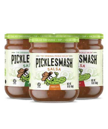PickleSmash Pickle Salsa - Sampler - 3 Pack - Sugar Free Salsa, Topping, Dressing, Pickle Relish, Marinade - Gluten Free, Keto, Paleo, Vegan, Vegetarian Mild/Medium/Hot 1 Pound (Pack of 3)
