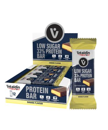 VITALDIN SPORT Low Sugar Protein Bar Banana - 12 x 45g bars; Banana flavour - High protein, low sugar bar - No added sugars