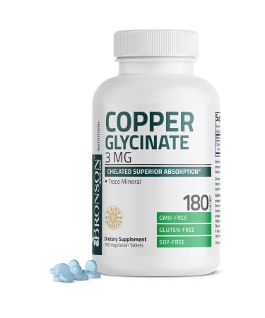 Bronson Copper Glycinate 3mg Chelated Superior Absorption Non-GMO, 180 Vegetarian Tablets