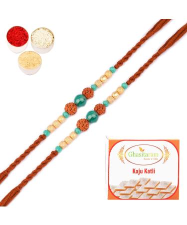 Ghasitaram Gifts Rakhi for Brother Rakhis Online - Set of 2-1891- Rudraksh Rakhi with 200 GMS of Kaju katli