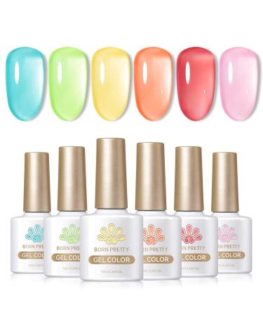 Born Pretty Jelly Gel Nail Polish Set Spring Summer Crystal Glass Transparent Gel Polish Kit Translucent Pastel Gel Polish Blue Red Green Yellow Pink Soak Off UV Gel Polish 10ML 6PCS Sea Glass