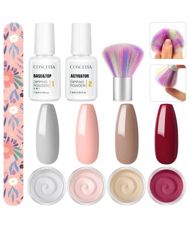 COSCELIA Nail Dipping Powder Set 4pcs Dipping Powder Nail Powder 2 in 1 Top & Base Coat Dipping Powder Activator 7942