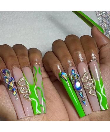 VOTACOS Press on Nails Long Coffin Fake Nails Nude False Nails with Gem Snake Design Glossy Stick on Nails for Women 655 D8 Gem Snake
