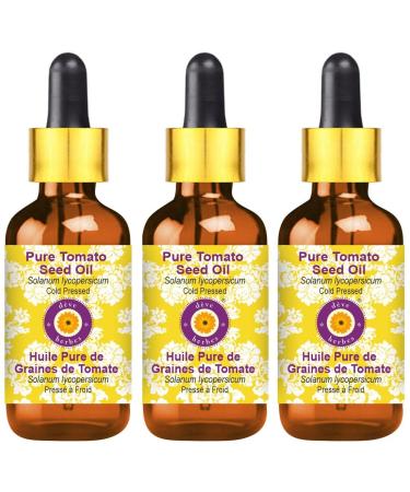 Deve Herbes Pure Tomato Seed Oil (Solanum lycopersicum) with Glass Dropper Cold Pressed (Pack of Three) 100ml X 3 (10 oz)