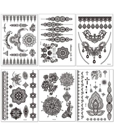 6 Sheets Mandala Henna Tattoo Black Lace Sticker - Waterproof Temporary Tattoos for Women - Bridal & Festival Chic Designs - Buy Online on GoSupps.com