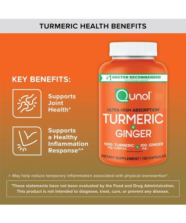 Qunol Turmeric and Ginger Capsules 1000mg Turmeric Supplement Ultra High Absorption to Support Joint Health #1 Doctor Recommended Form of Turmeric Curcumin 120 Count (Pack of 1) Turmeric 120 Count (Pack of 1) - Buy Online on GoSupps.com
