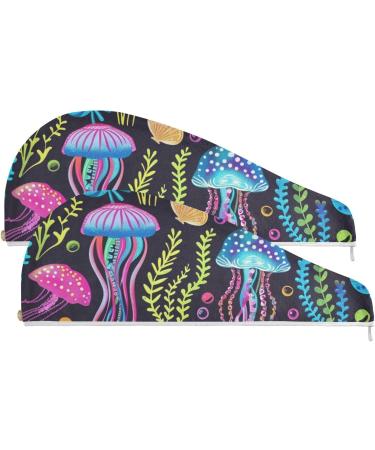Rainbow Jellyfish Hair Towel 2 Pack | Super Absorbent Quick Dry Turbans for Women & Girls - Perfect Hair Drying Solution - Buy Online on GoSupps.com