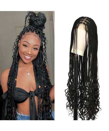 Olymei 38 Inches Full Double Lace Front Knotless Box Braided Wigs with Baby Hair for Black Women Super Long Braids Wig With Curls Ends Black Lace Frontal Braid Synthetic Wigs(Black)