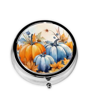 Yellow and Blue Pumpkins Portable Metal Pill Box Round Mini 3-Compartment Plastic Insert hinged Fastening Design Suitable for Small Pills Must-Have for Travel Black