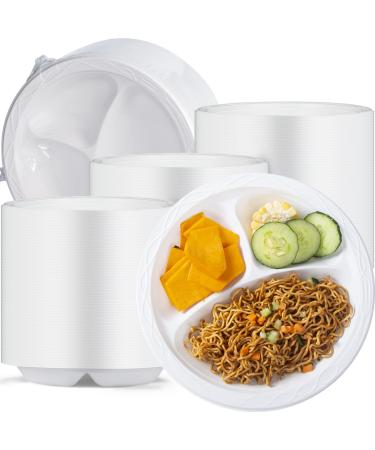 YANGRUI White Plastic Plates 9 Inch 3 Compartments 150 Pack Food Grade Meterial BPA Free Reusable Dinner Plates