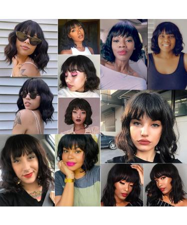 MISNEY 12 Inch Wavy Bob Human Hair Wig with Bangs - 130% Density, Machine Made, Natural Color - For Black Women - Buy Online on GoSupps.com