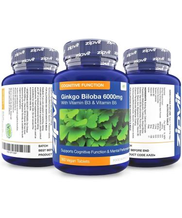 Ginkgo Biloba 6000mg Standardised Leaf Extract 360 Vegan Tablets with Vitamin B3 & B5 | Supports Focus, Mental Performance & Energy | Vegetarian Society Approved | 12 Months Supply - Buy Online on GoSupps.com