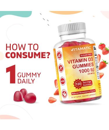 Vitamatic Sugar Free Vitamin D3 1000 IU Gummies - 120 Pectin Based Servings | Bone Health, Mood & Immune Support | Non-GMO - Buy Online on GoSupps.com